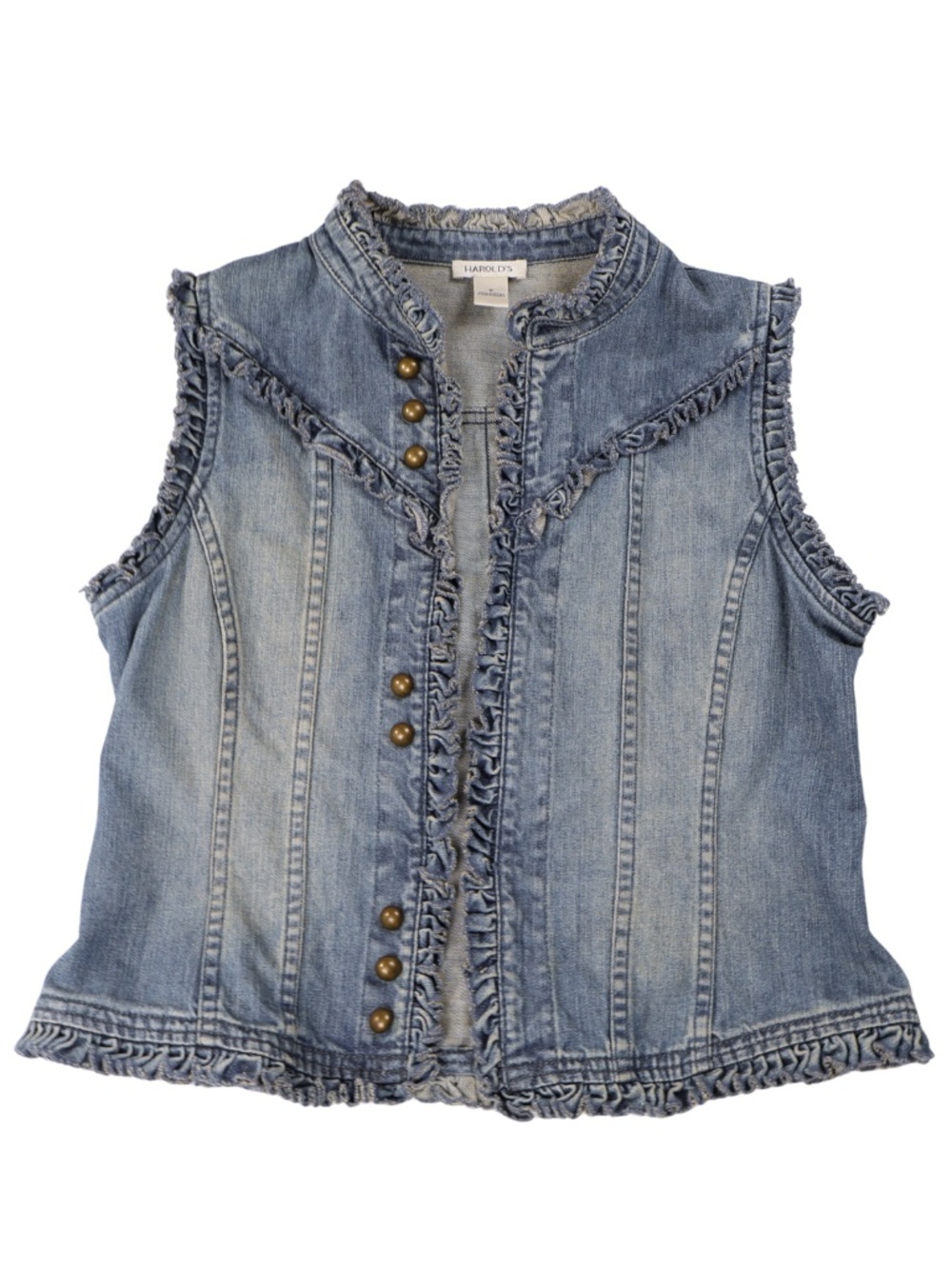 Harold's Denim Vest Medium Ruffle Trim Snap Front Blue Jean Western Cottagecore